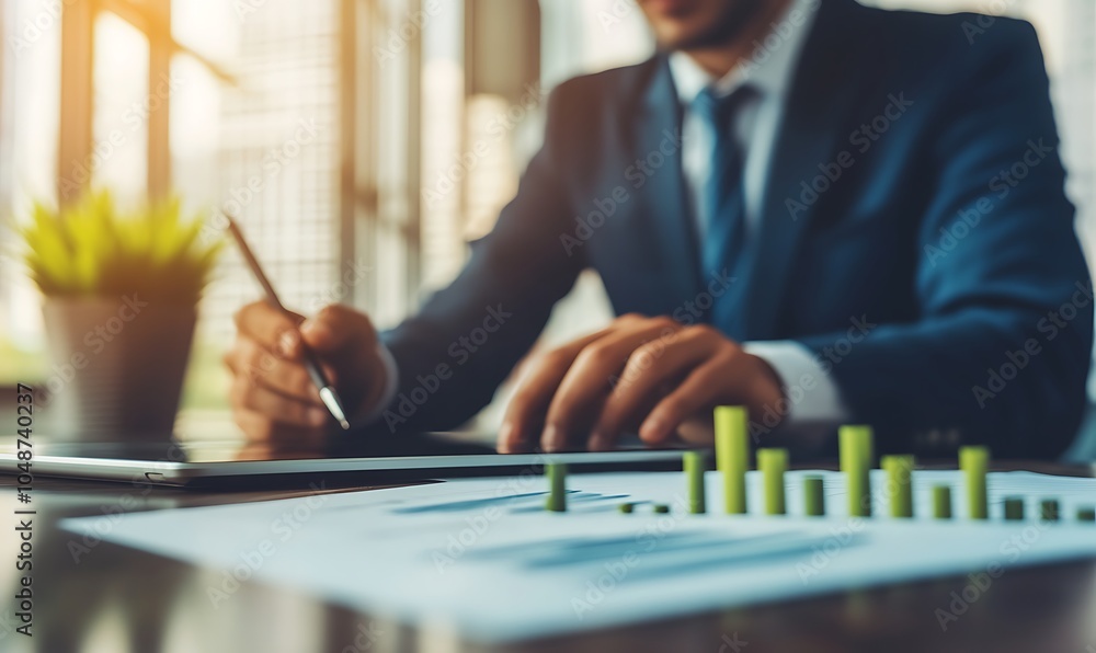 Poster a businessman analyzes data with charts and graphs in a modern office setting.