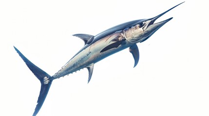 Fototapeta premium A Blue Marlin Leaps Through the Air with a White Background