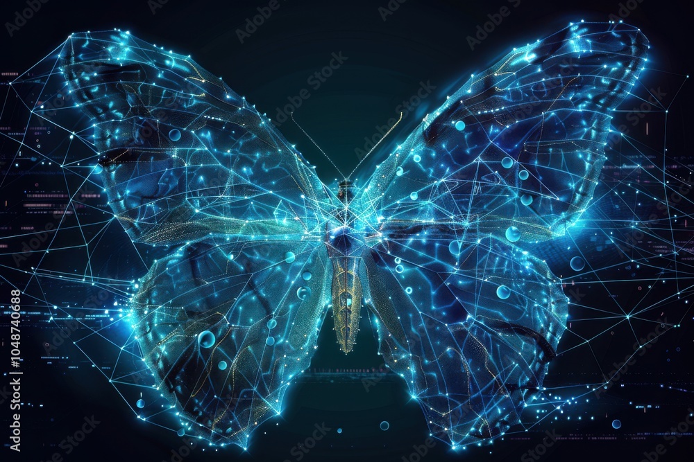 Poster dynamic neural network pattern forming a digital butterfly, with intricate, glowing wings symbolizin