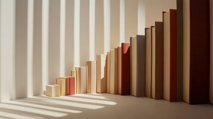 Obraz premium Books arranged in a curve from left to right, symbolizing stages of education from early learning to advanced study, with a soft spotlight effect