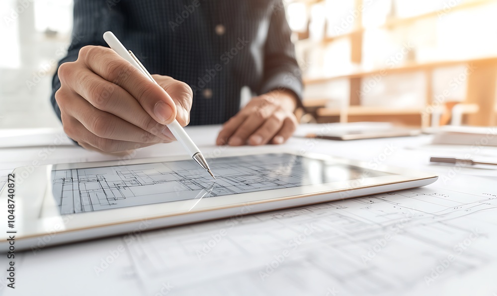Aufkleber a person using a stylus on a tablet displaying architectural blueprints.