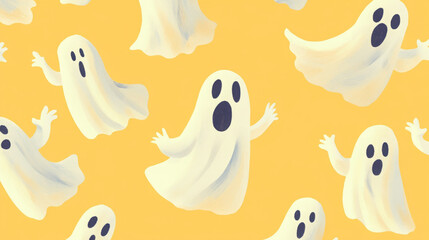 Whimsical cartoon ghosts on a bright yellow background.