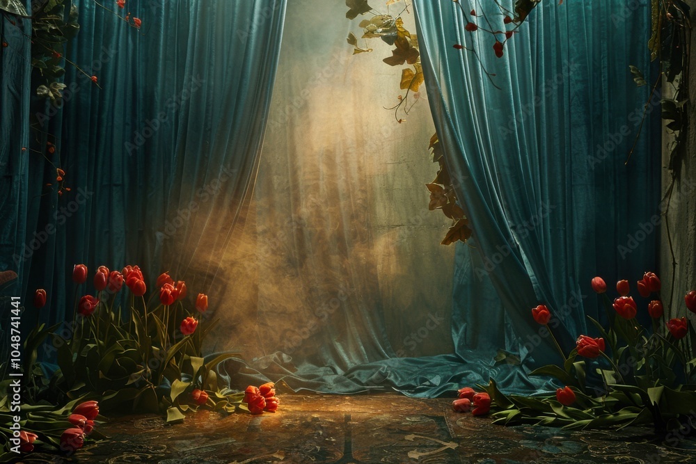 Poster eclectic bohemian style rich amber studio backdrop with a matte finish, dark teal curtains with bold