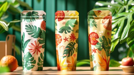 Obraz premium Eco-conscious pouches for plant-based protein powders, using compostable materials with colorful graphics that highlight nutritional benefits and recipes