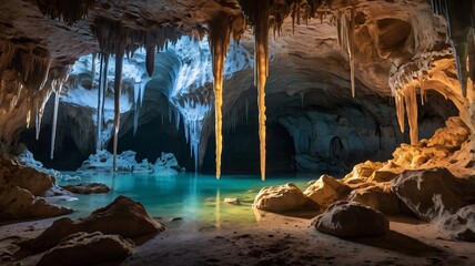 An underground lake shimmers beneath stunning stalactite formations.**