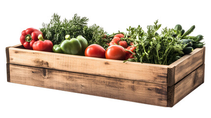 Wooden box with vegetables, isolated on white background