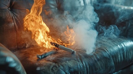 Cigarette burning on a couch with smoke filling the room, a fire hazard scene representing the importance of home insurance
