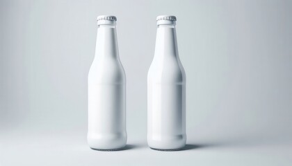 Two identical blank white milk bottles against a light gray background.