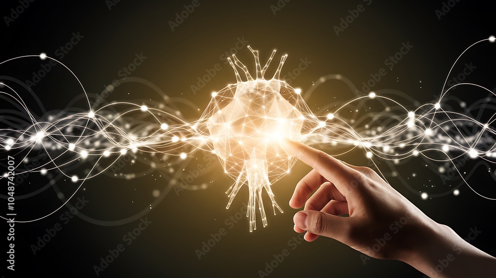 Poster a digital illustration of a human hand reaching out to connect with a mysterious energy source in an