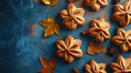 Fototapeta premium Close-up of cinnamon star bread, golden brown and flaky, on a textured blue backdrop, garnished with autumn leaves and seasonal spices