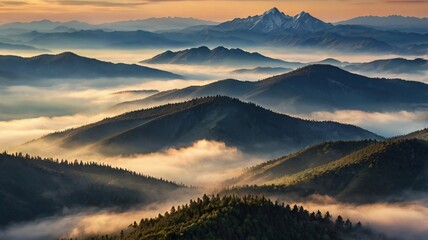 Golden Sunrise Illuminates Misty Mountain Ranges