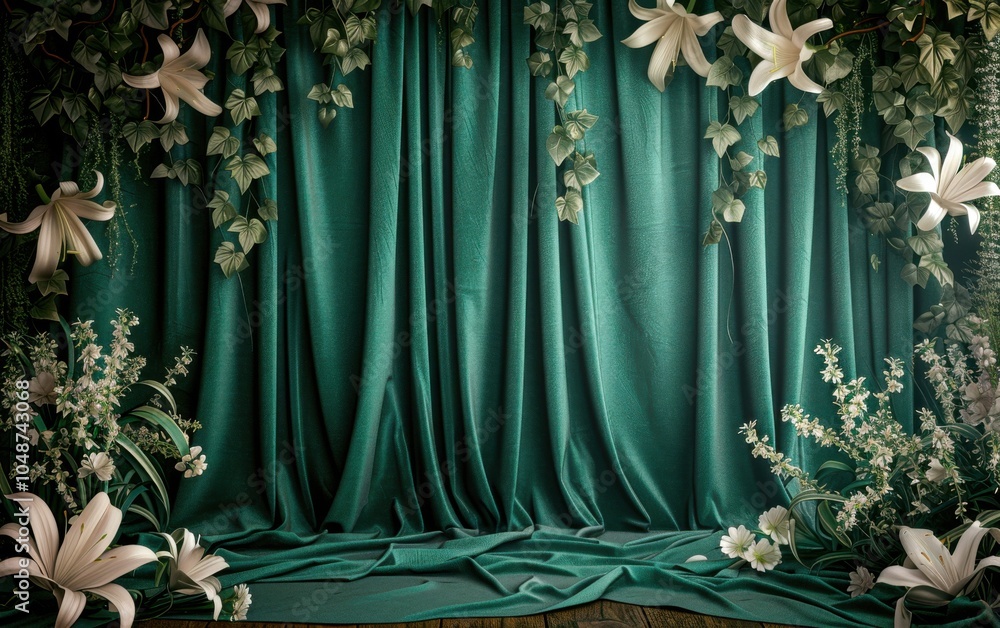 Poster emerald studio backdrop with a matte finish, emerald green silk curtains with white lilies and trail