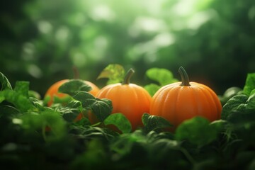 Vibrant pumpkins nestled in lush green foliage