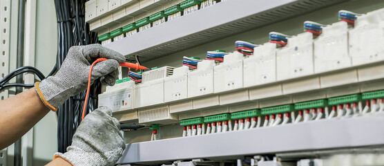 Electrical engineer tests the operation of the electric control cabinet on a regular basis for maintenance.