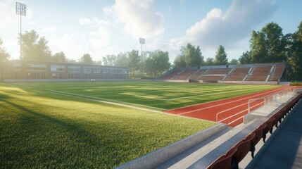 High school stadium with modest seating and a simple field, representing a local and communal sports environment.