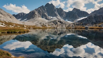 A jagged mountain peak reflects in a still alpine lake.