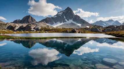 A jagged mountain peak reflects in a still alpine lake.