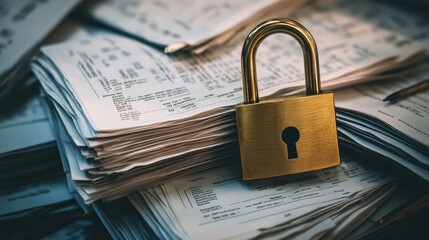 Naklejka premium Confidential paperwork secured with a golden padlock, representing professional data protection and confidentiality standards.