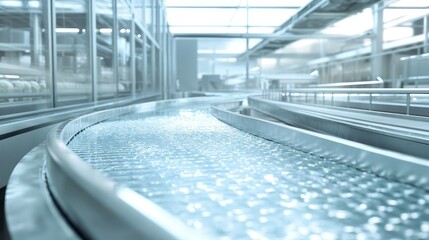 Conveyor belt carrying frozen goods through a clean, high-tech food processing plant, with efficiency and automation on display