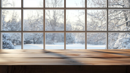 Cozy winter scene with snow covered landscape viewed through large window for seasonal holiday background
