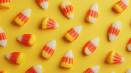 Obraz premium Colorful candy corn scattered on a bright yellow background.