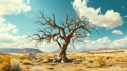 Fototapeta premium Dry, lifeless tree in a desolate desert landscape. Concept of ecological decay and environmental fragility.