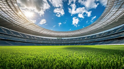 Fototapeta premium Large stadium arena with open roof and bright green field, emphasizing the scale and grandeur of the architecture.