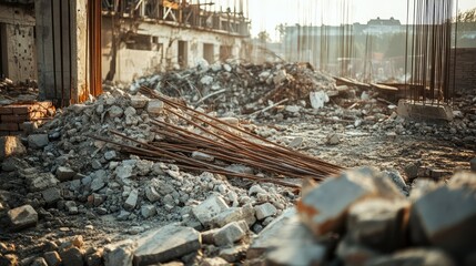 Dusty concrete rubble, exposed metal rods, and bricks scattered across a construction site after demolition, creating a scene of disarray.