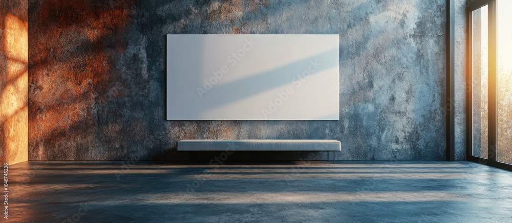 Poster empty white canvas hanging on a textured concrete wall with a bench in front of it, with a large win