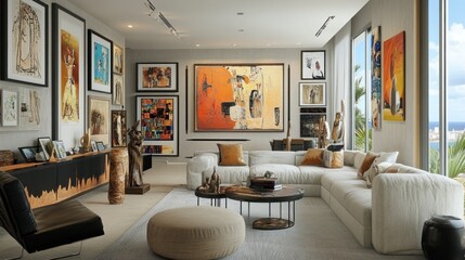 Living room with art gallery vibe, displaying a collection of framed artworks and sculptures, creating an artistic and curated space.
