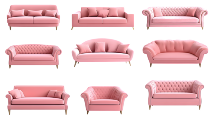 Collection of pink color modern sofa on transparent background, isolated on white background
