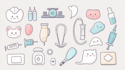 Colorful and cute medical illustrations featuring various healthcare tools and supplies.