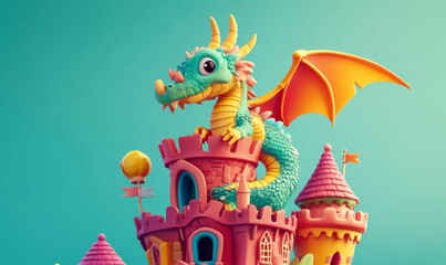 A cartoon dragon guards a colorful castle.