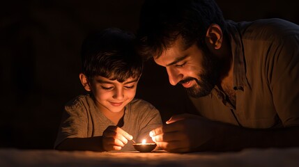 A father and son bond over a flickering candle, their expressions reflecting joy and warmth in a dimly lit space.