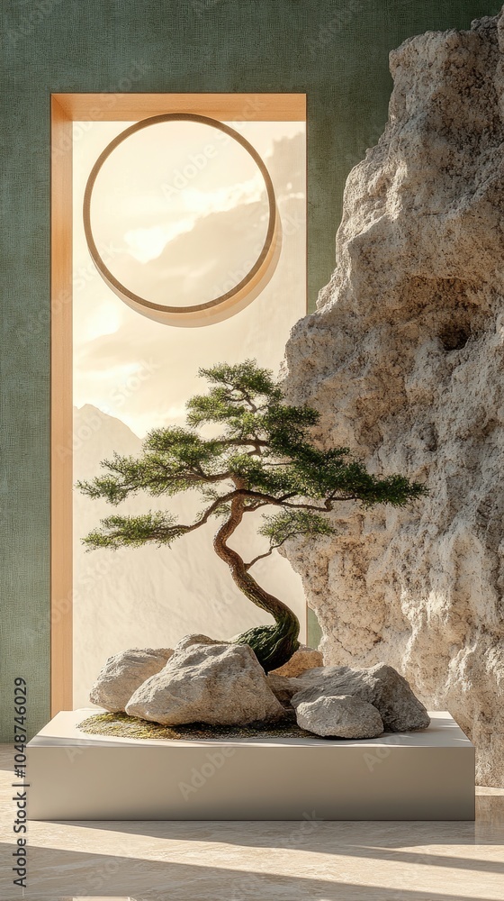 Poster a bonsai tree sits on a white platform with rocks and a view of mountains through a circular window.