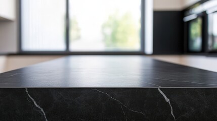 modern black marble table in front of large windows