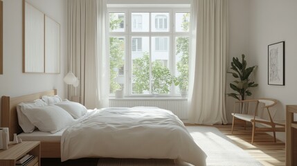 Minimalist bedroom with a decluttered space, neutral color palette, and simple yet functional furniture that emphasizes space and light.