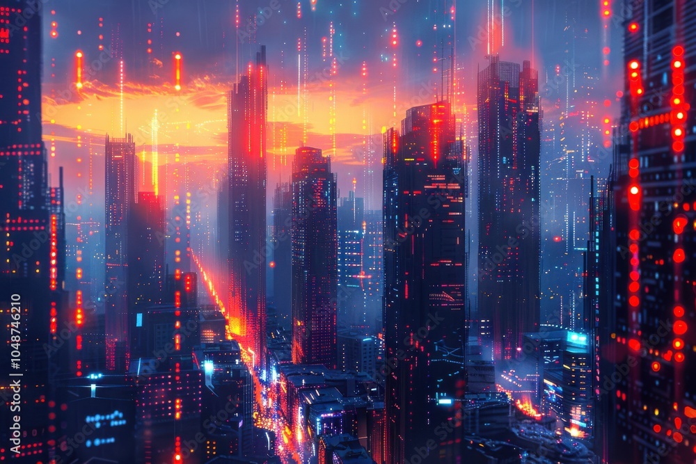 Poster futuristic cityscape with buildings illuminated by neural network patterns, showcasing the integrati