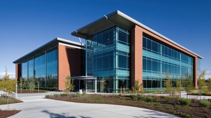 Fototapeta premium Modern bank building with sleek glass windows, clean lines, and a contemporary design representing financial innovation.