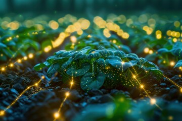 Futuristic farm with algorithmic patterns guiding the growth of crops, with glowing data streams flowing through the fields, emphasizing AI in agriculture.