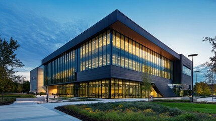 Modern bank building with sleek glass windows, clean lines, and a contemporary design representing financial innovation.