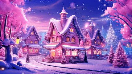 Fototapeta premium Christmas Harmony in a Joyful Cartoon Wonderland with Christmas Trees, Cheerful Decorations, and Enchanting Details, Illuminating a Festive Village