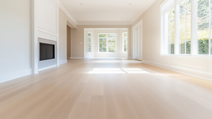 Fototapeta premium A large, empty living room with a fireplace and a window