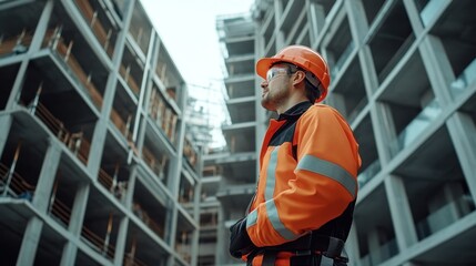 On-site engineer with safety equipment, managing and inspecting the ongoing development of a multi-story building.