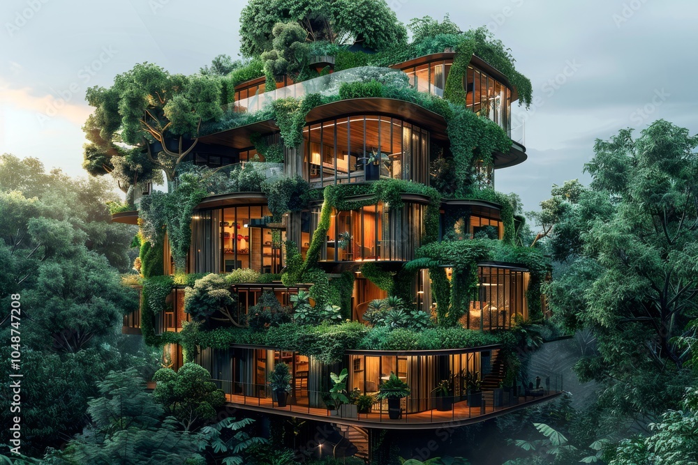 Poster green building designed to resemble a giant treehouse, with multiple levels connected by wooden walk