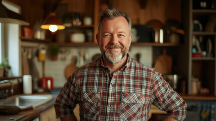 Portrait of a smiling middle-aged man with a beard, wearing a plaid shirt, standing in a cozy kitchen, looking directly at the camera