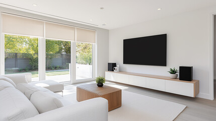A living room with a white couch, a coffee table, and a television