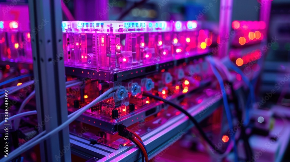 Poster high-resolution image of a complex dna sequencing machine, with glowing led indicators and neatly or