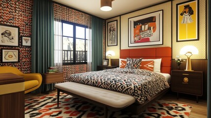 Retro bedroom showcasing vintage furniture, bold patterns, and nostalgic decor elements for a fun and stylish throwback.