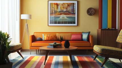 Retro living room with mid-century modern furniture, bold colors, and funky patterns, creating a throwback to classic design.